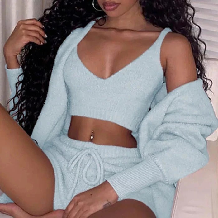 Conjunto de pijama de 3 piezas para mujer: top corto de manga larga y shorts con cordón ajustable.