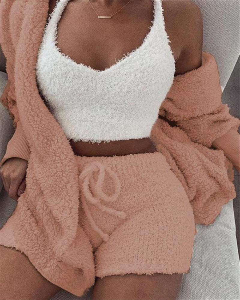 Conjunto de pijama de 3 piezas para mujer: top corto de manga larga y shorts con cordón ajustable.