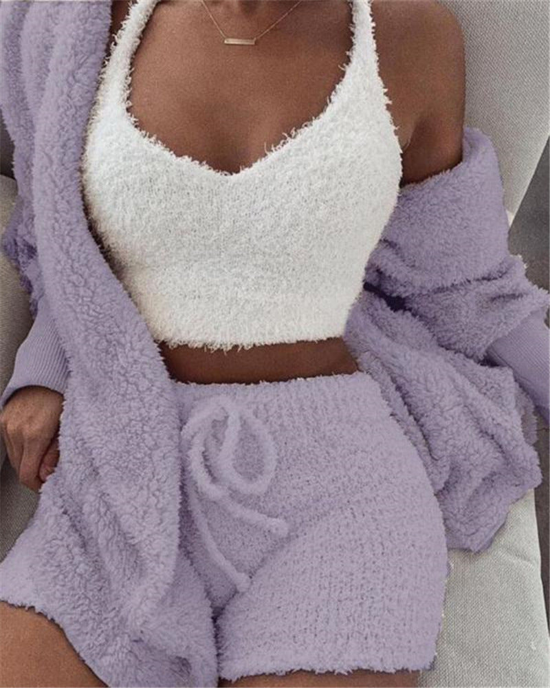 Conjunto de pijama de 3 piezas para mujer: top corto de manga larga y shorts con cordón ajustable.