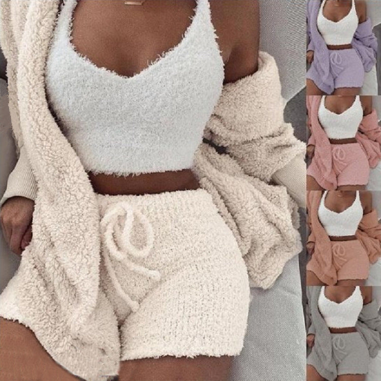 Conjunto de pijama de 3 piezas para mujer: top corto de manga larga y shorts con cordón ajustable.
