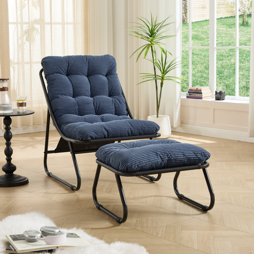 Sillón reclinable de exterior con otomana, cómodo sillón tipo hamaca con cojín mullido y reposapiés, ideal para sala de estar, dormitorio, sala de lectura, estructura negra con cojín azul marino.