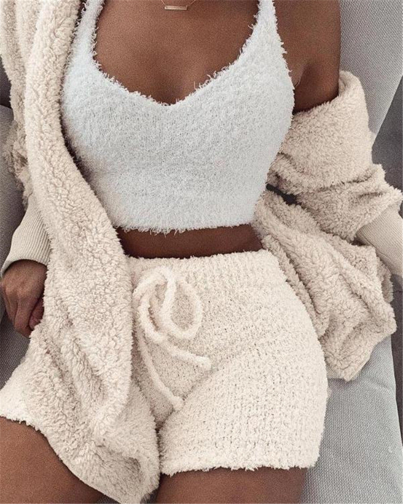 Conjunto de pijama de 3 piezas para mujer: top corto de manga larga y shorts con cordón ajustable.