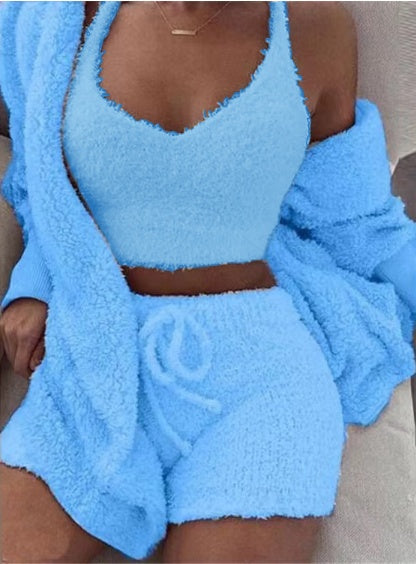 Conjunto de pijama de 3 piezas para mujer: top corto de manga larga y shorts con cordón ajustable.