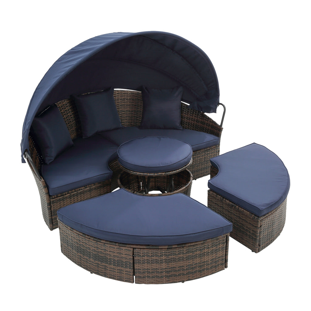 Oferta especial: Sofá cama redondo de ratán KD con dosel, cama con dosel Bali para exteriores, sofá cama de mimbre para exteriores con mesa de centro elevable.
