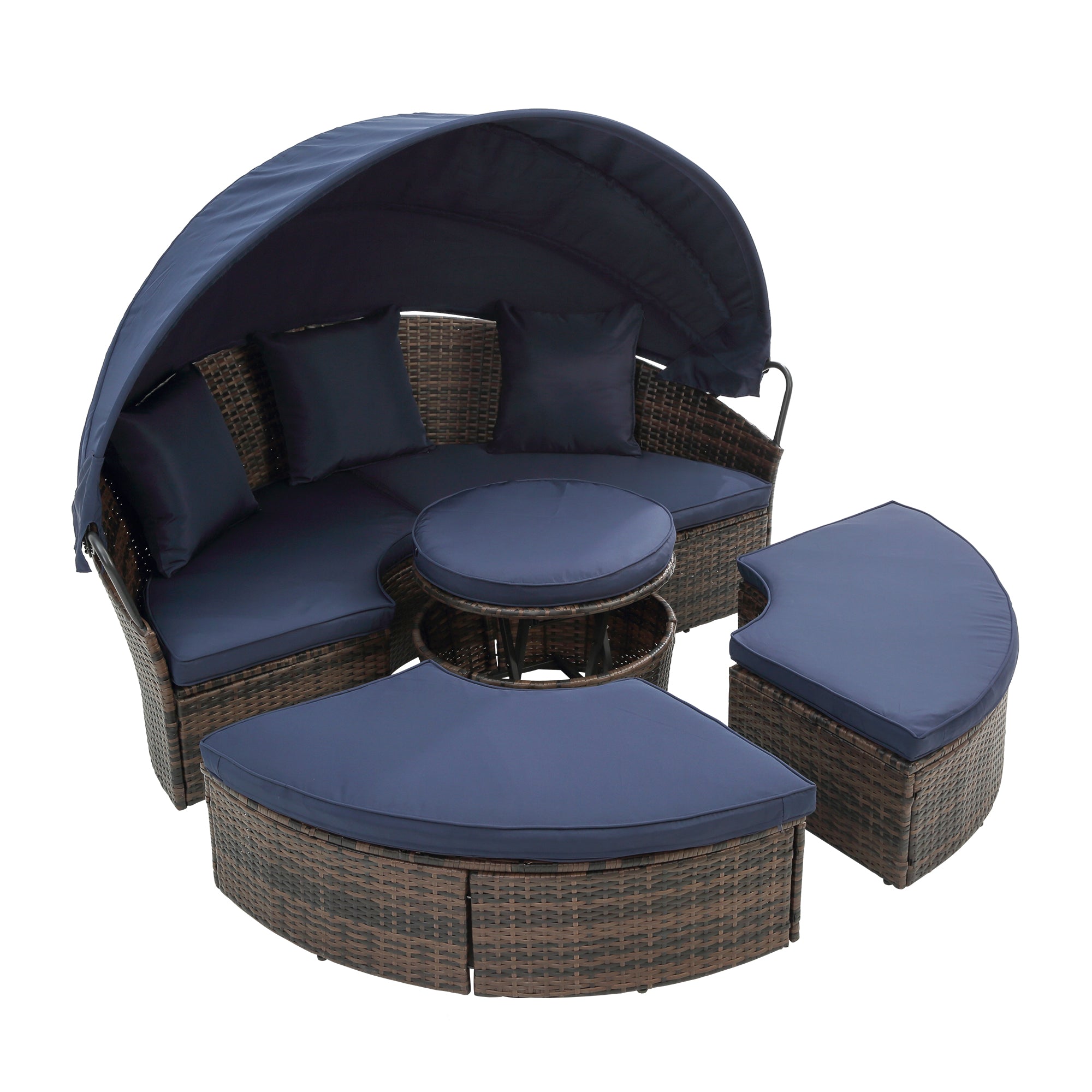 Oferta especial: Sofá cama redondo de ratán KD con dosel, cama con dosel Bali para exteriores, sofá cama de mimbre para exteriores con mesa de centro elevable.