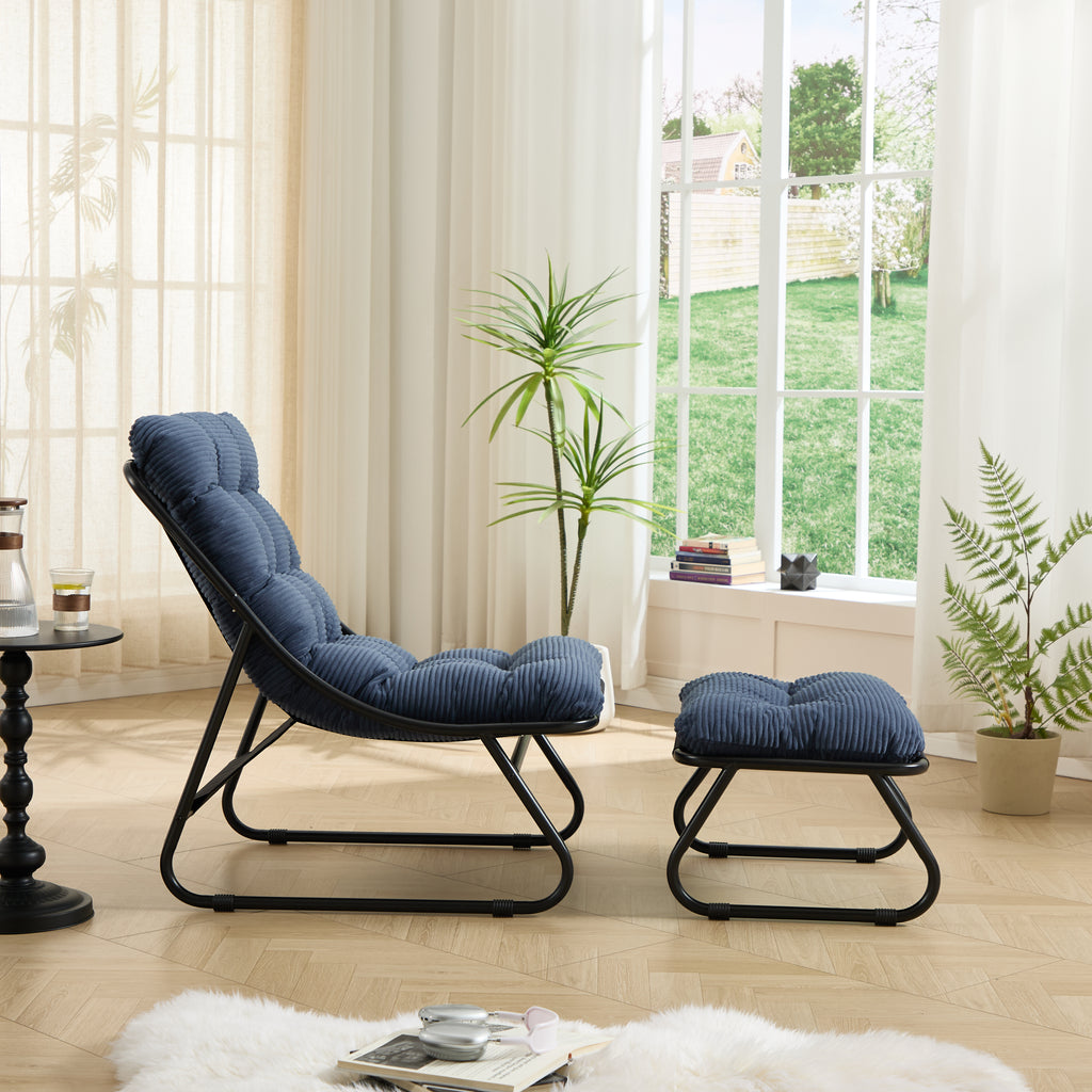 Sillón reclinable de exterior con otomana, cómodo sillón tipo hamaca con cojín mullido y reposapiés, ideal para sala de estar, dormitorio, sala de lectura, estructura negra con cojín azul marino.