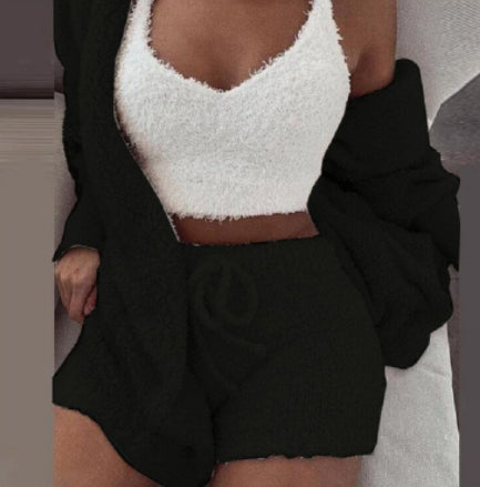 Conjunto de pijama de 3 piezas para mujer: top corto de manga larga y shorts con cordón ajustable.