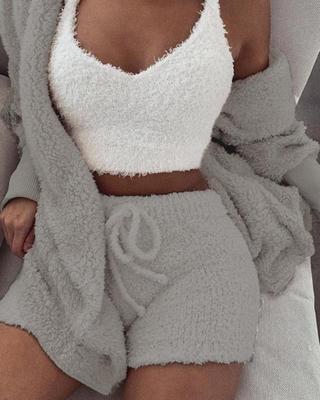 Conjunto de pijama de 3 piezas para mujer: top corto de manga larga y shorts con cordón ajustable.