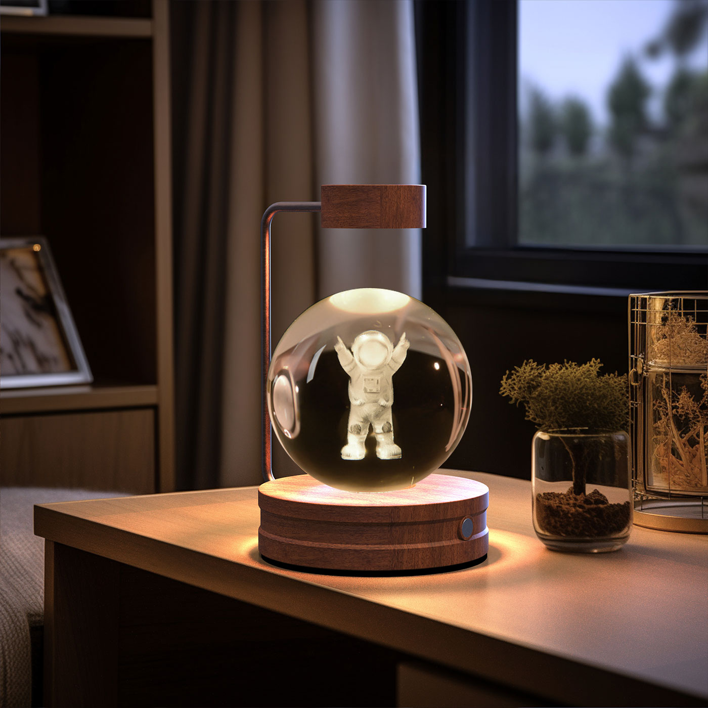 Lámpara de noche interior con forma de dinosaurio cósmico y bola de cristal, alimentación USB, luz cálida para mesita de noche, regalo de cumpleaños.