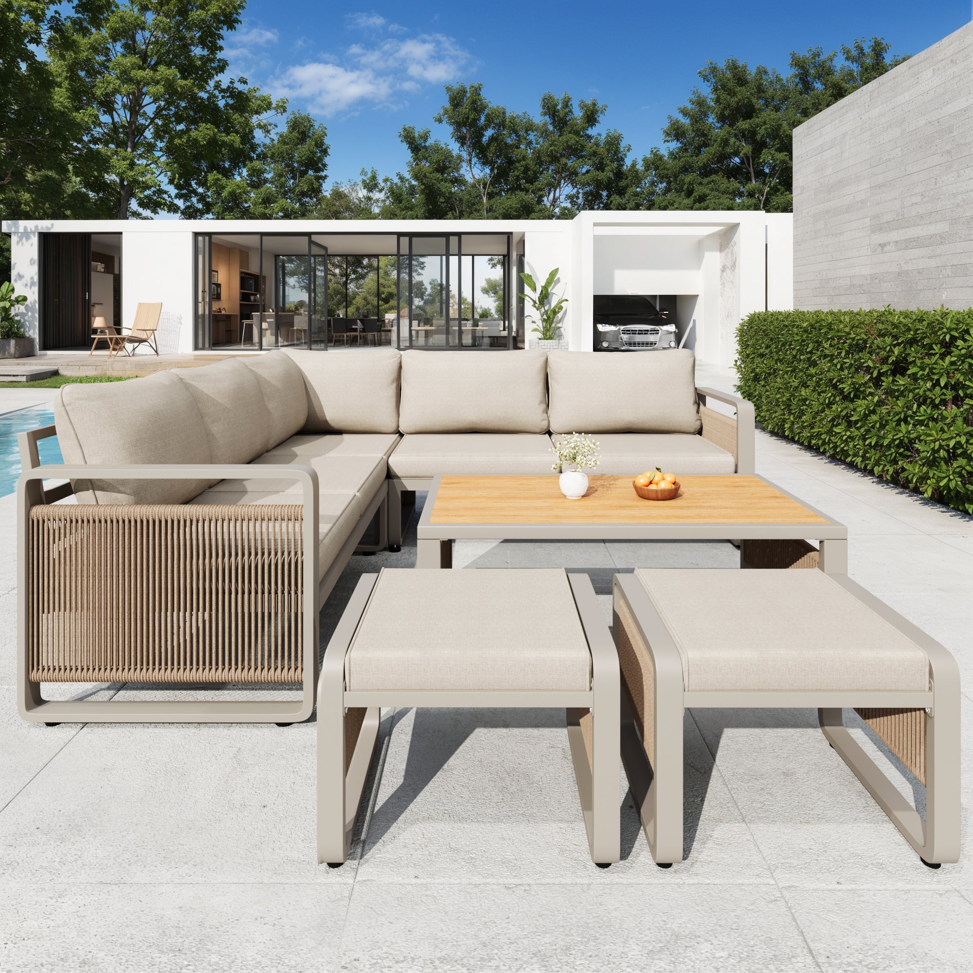 Conjunto de tumbonas de jardín, conjunto de muebles para 6-7 personas, sofá de jardín de cuerda tejida a mano