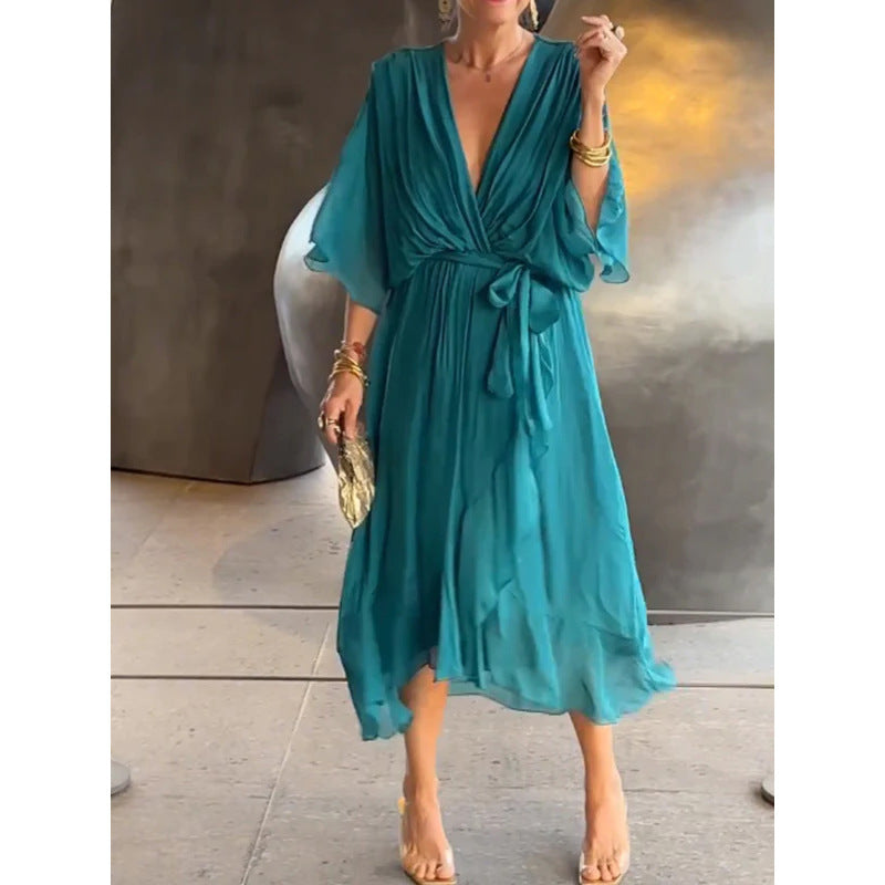 Vestido largo de verano con escote en V y mangas murciélago, color liso, con nudo irregular.