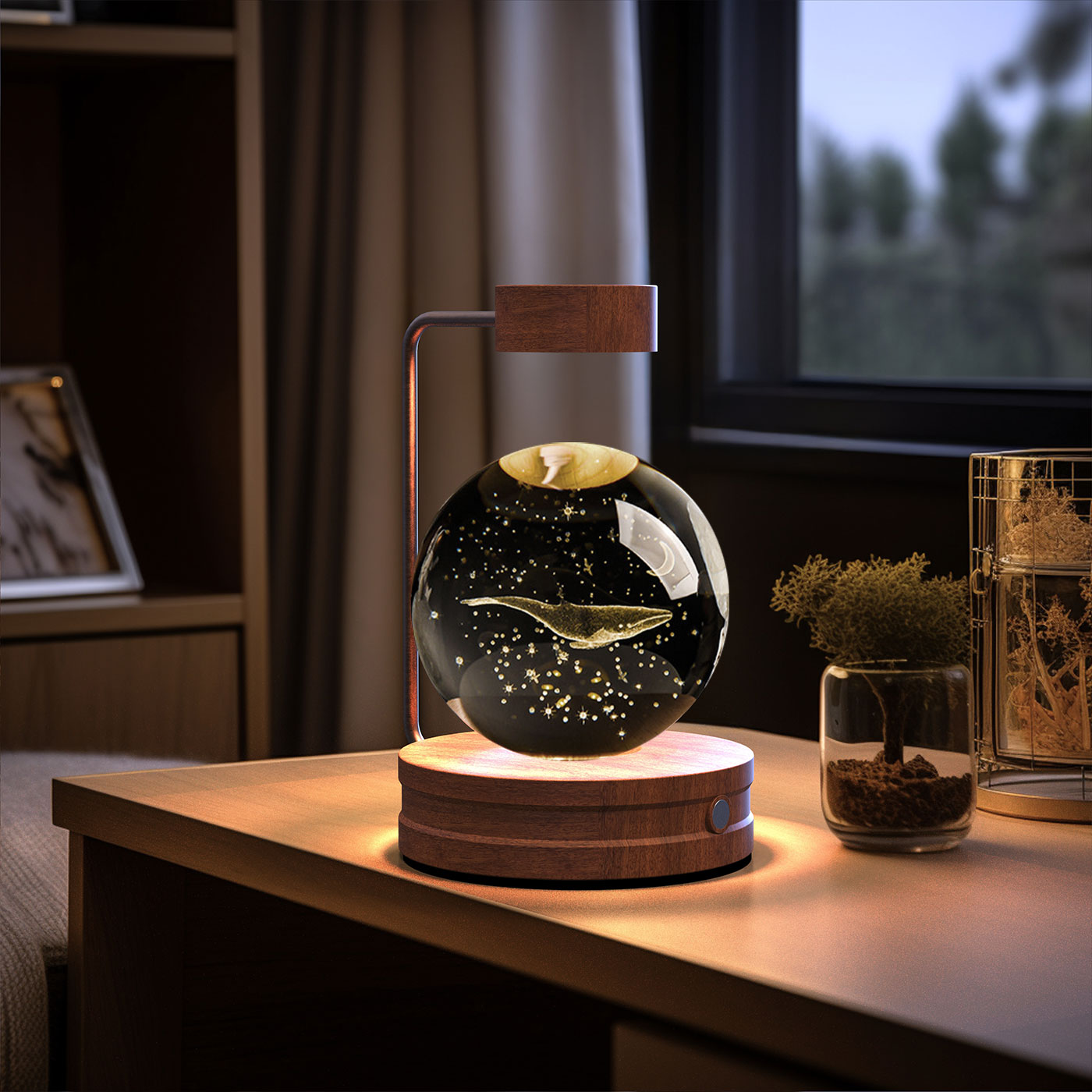 Lámpara de noche interior con forma de dinosaurio cósmico y bola de cristal, alimentación USB, luz cálida para mesita de noche, regalo de cumpleaños.