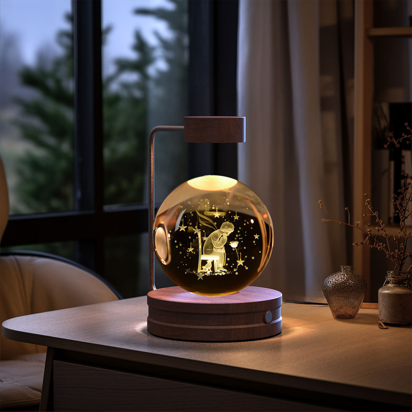 Lámpara de noche interior con forma de dinosaurio cósmico y bola de cristal, alimentación USB, luz cálida para mesita de noche, regalo de cumpleaños.