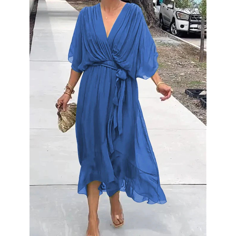 Vestido largo de verano con escote en V y mangas murciélago, color liso, con nudo irregular.