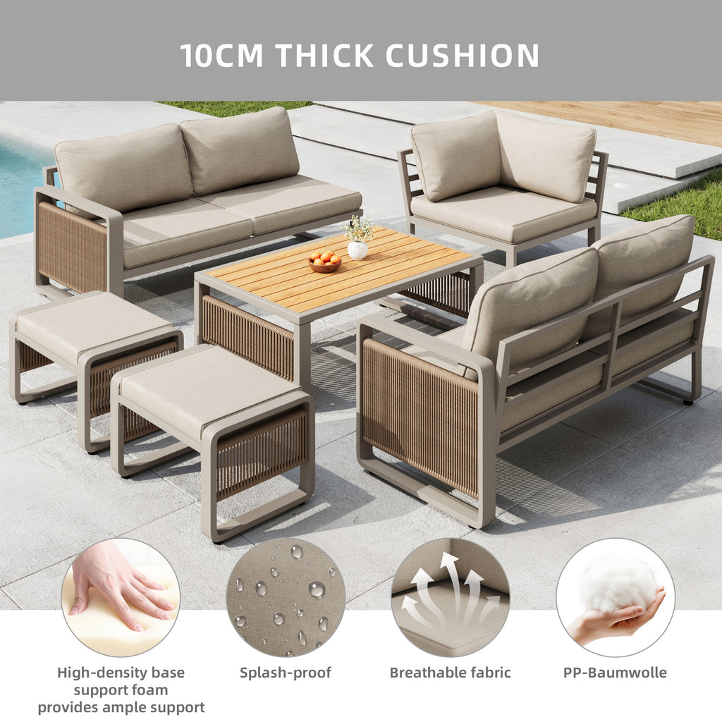Conjunto de tumbonas de jardín, conjunto de muebles para 6-7 personas, sofá de jardín de cuerda tejida a mano