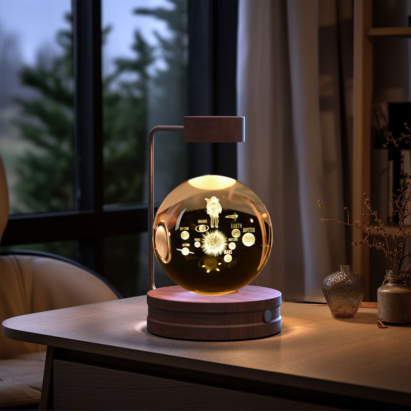 Lámpara de noche interior con forma de dinosaurio cósmico y bola de cristal, alimentación USB, luz cálida para mesita de noche, regalo de cumpleaños.