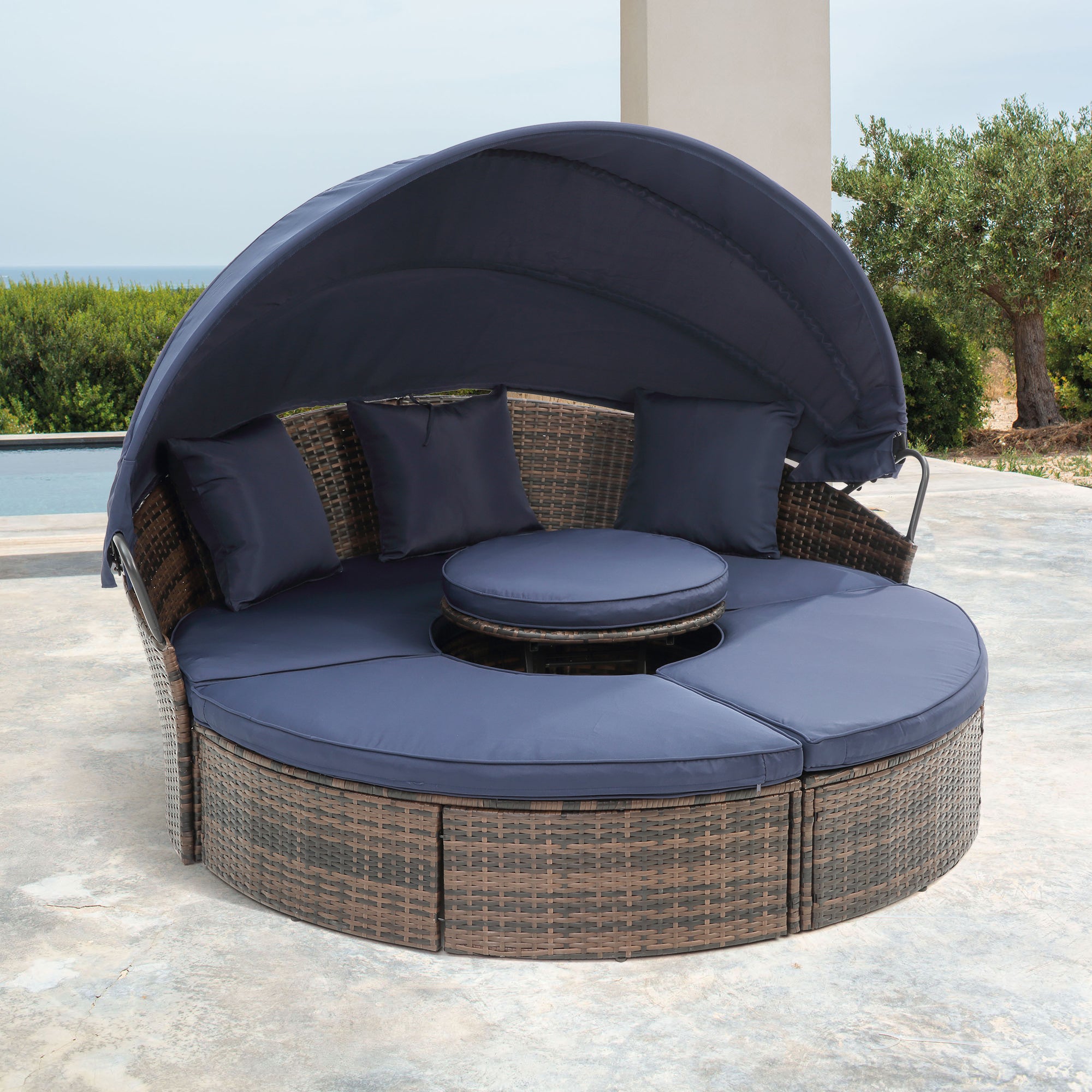 Oferta especial: Sofá cama redondo de ratán KD con dosel, cama con dosel Bali para exteriores, sofá cama de mimbre para exteriores con mesa de centro elevable.