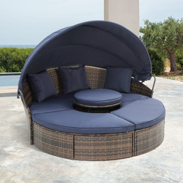 Oferta especial: Sofá cama redondo de ratán KD con dosel, cama con dosel Bali para exteriores, sofá cama de mimbre para exteriores con mesa de centro elevable.