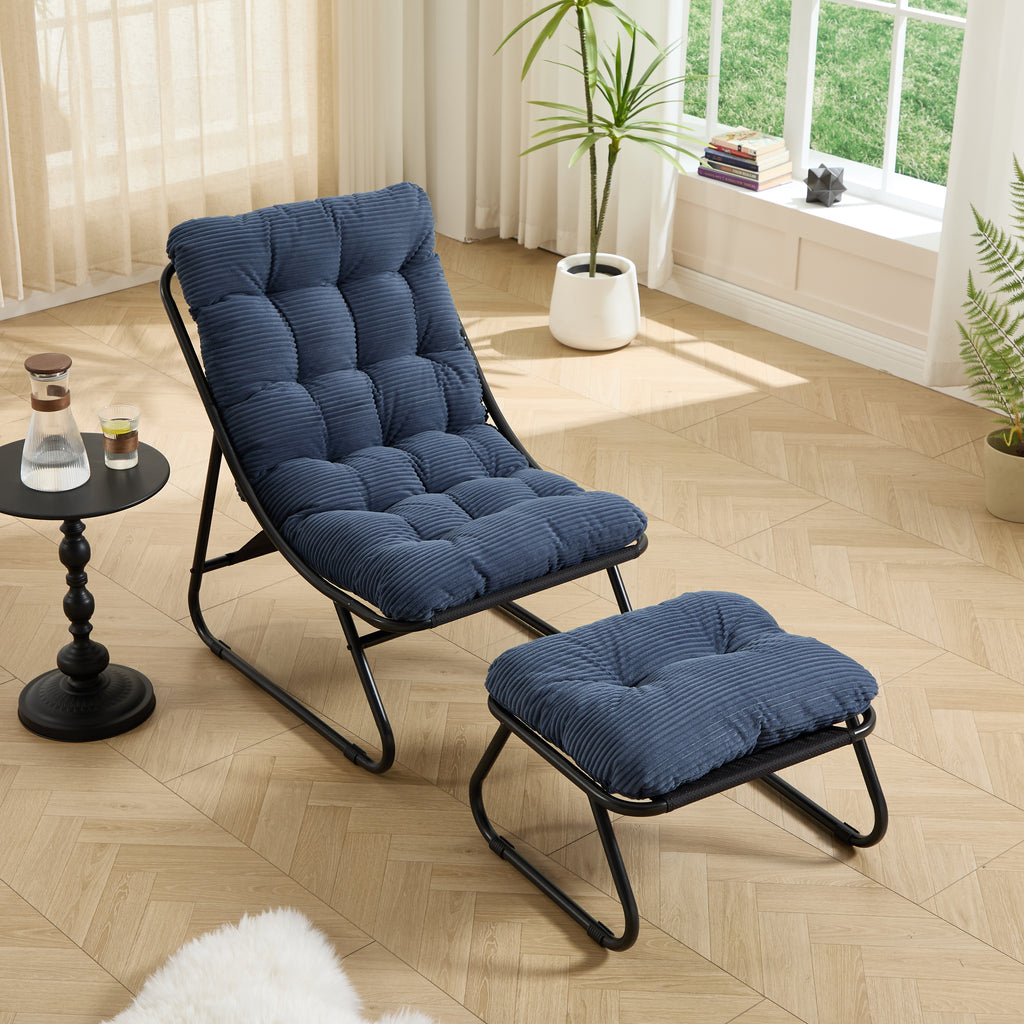 Sillón reclinable de exterior con otomana, cómodo sillón tipo hamaca con cojín mullido y reposapiés, ideal para sala de estar, dormitorio, sala de lectura, estructura negra con cojín azul marino.
