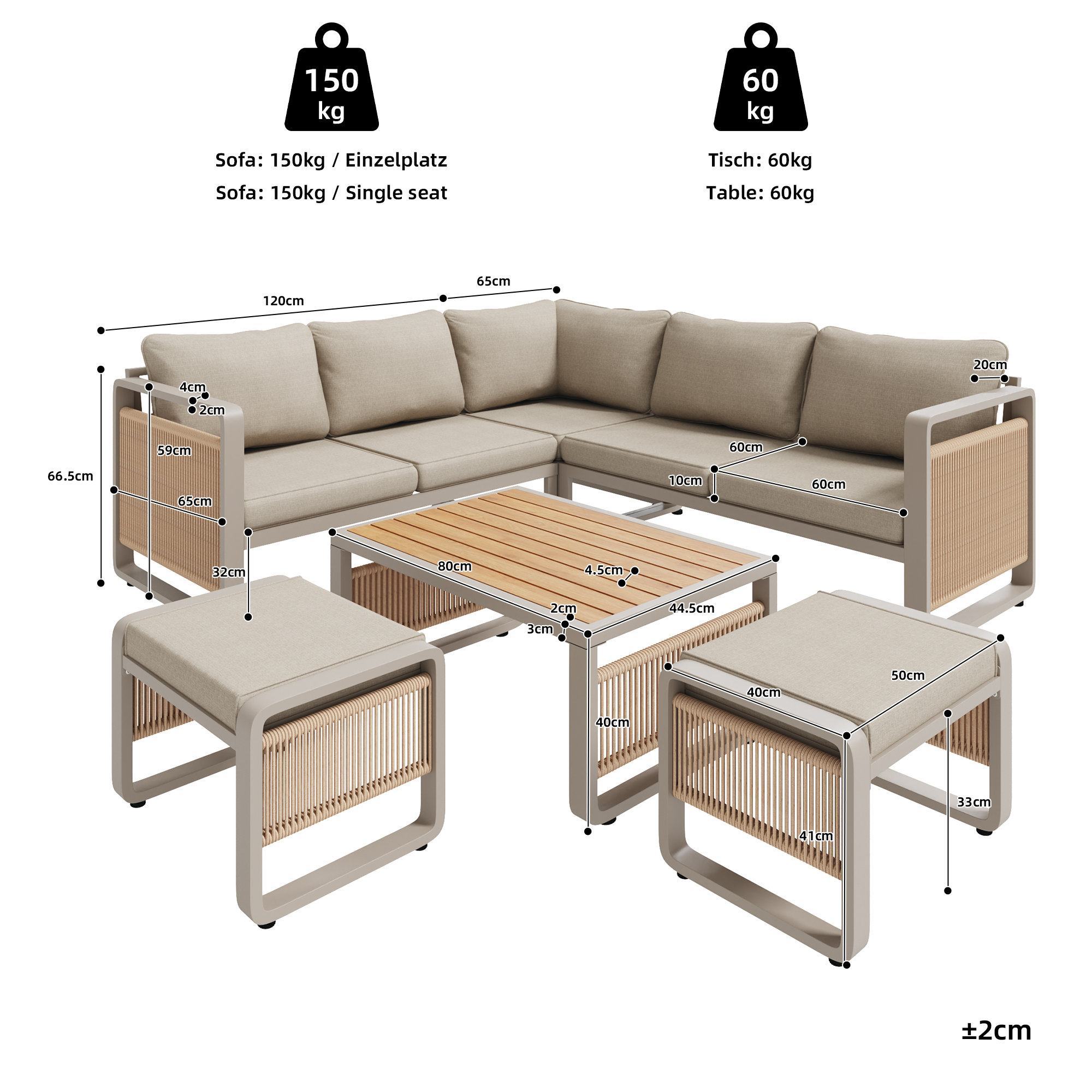 Conjunto de tumbonas de jardín, conjunto de muebles para 6-7 personas, sofá de jardín de cuerda tejida a mano