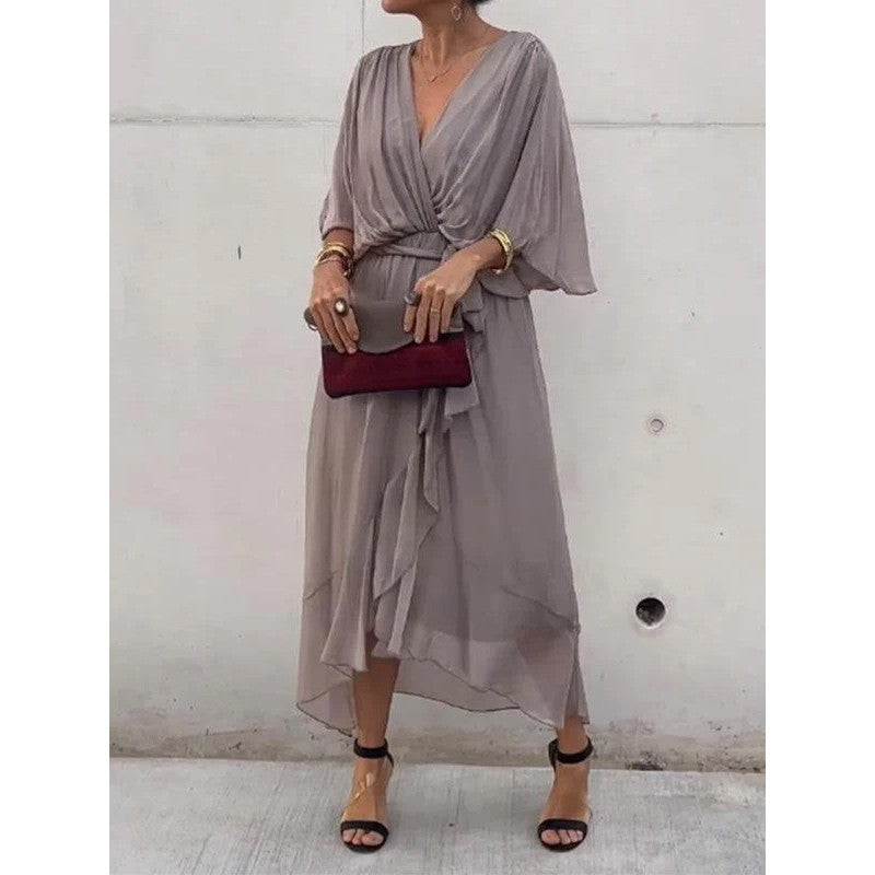 Vestido largo de verano con escote en V y mangas murciélago, color liso, con nudo irregular.