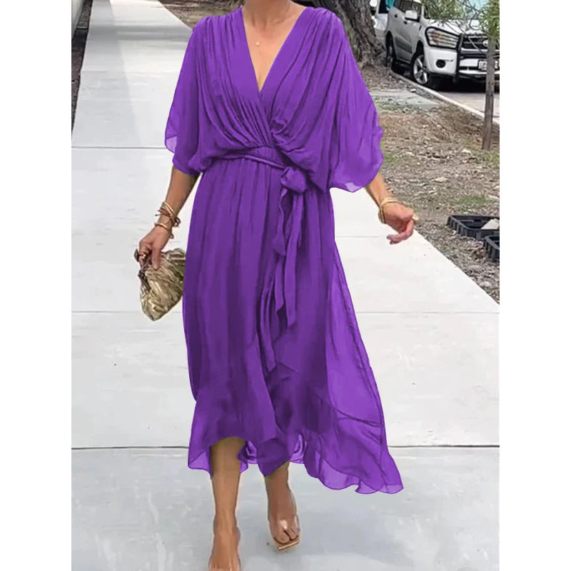 Vestido largo de verano con escote en V y mangas murciélago, color liso, con nudo irregular.