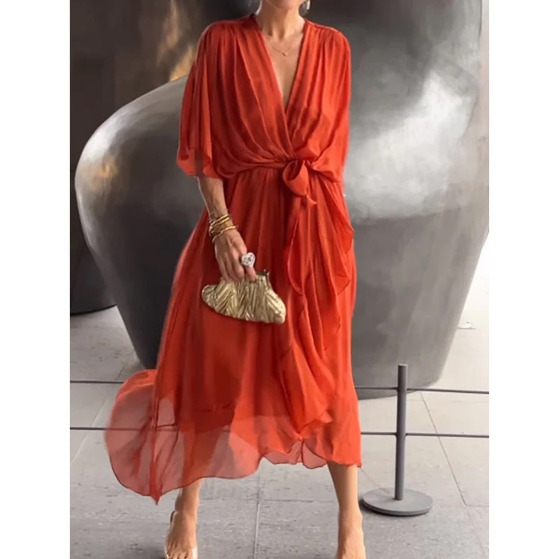 Vestido largo de verano con escote en V y mangas murciélago, color liso, con nudo irregular.