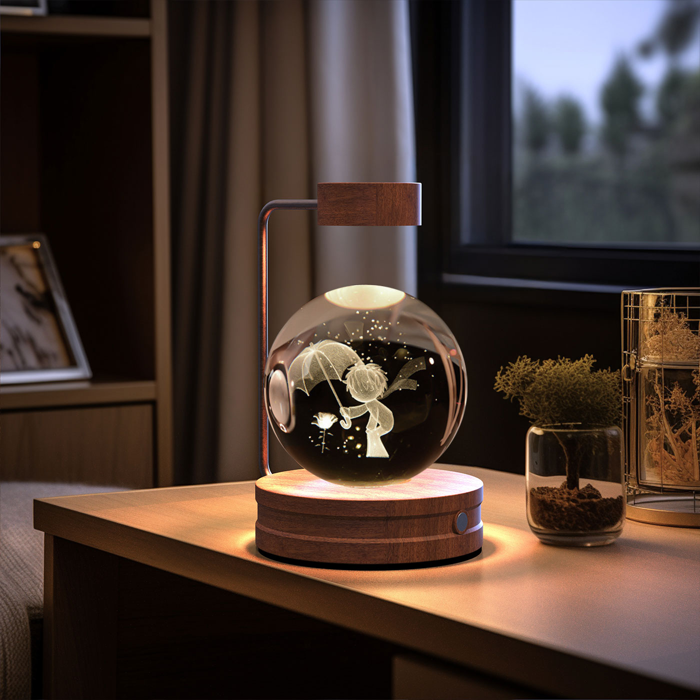 Lámpara de noche interior con forma de dinosaurio cósmico y bola de cristal, alimentación USB, luz cálida para mesita de noche, regalo de cumpleaños.