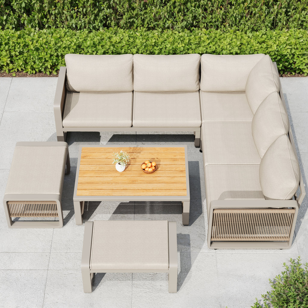 Conjunto de tumbonas de jardín, conjunto de muebles para 6-7 personas, sofá de jardín de cuerda tejida a mano