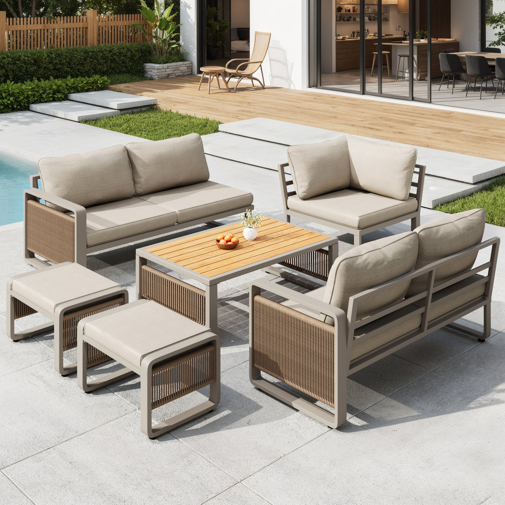 Conjunto de tumbonas de jardín, conjunto de muebles para 6-7 personas, sofá de jardín de cuerda tejida a mano