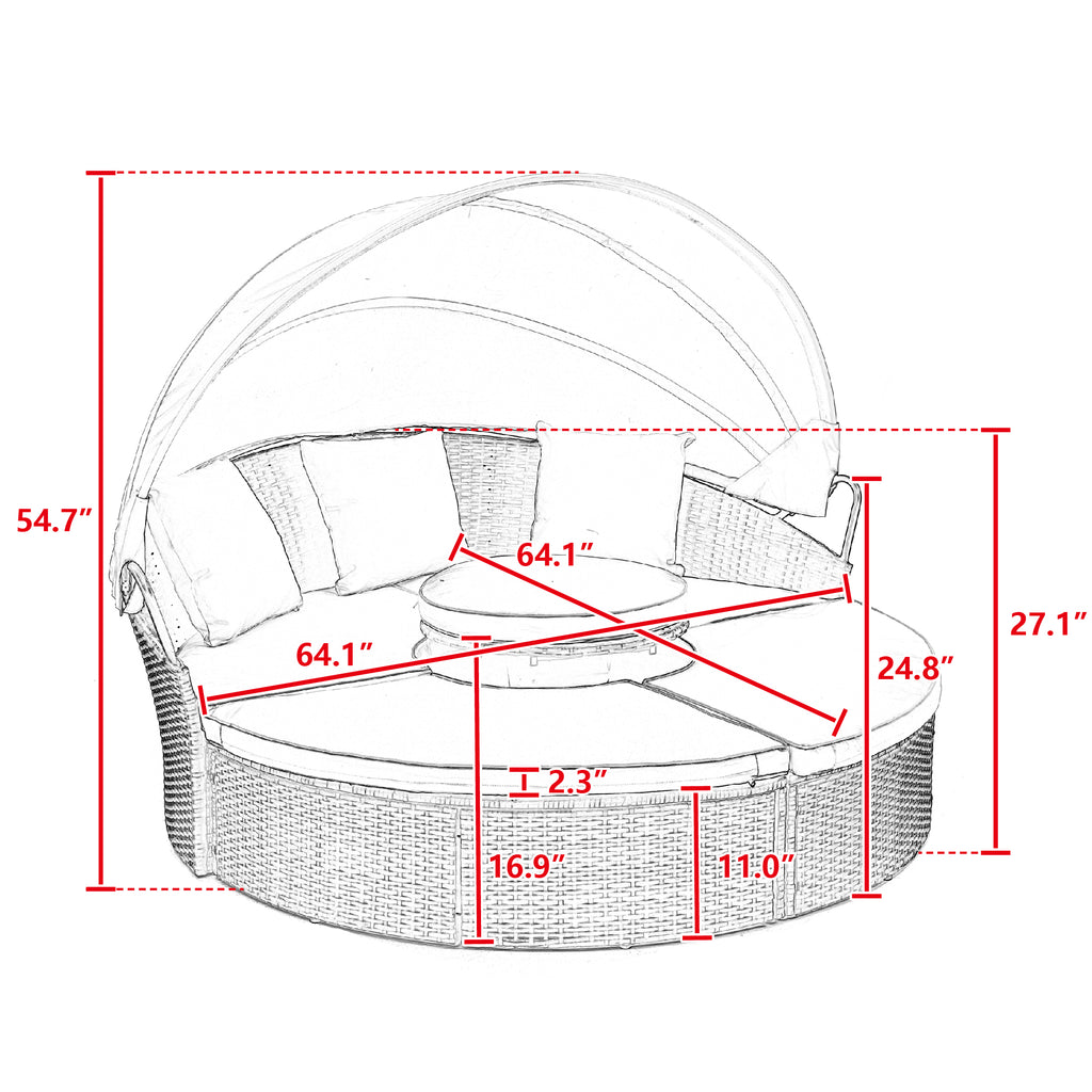 Oferta especial: Sofá cama redondo de ratán KD con dosel, cama con dosel Bali para exteriores, sofá cama de mimbre para exteriores con mesa de centro elevable.
