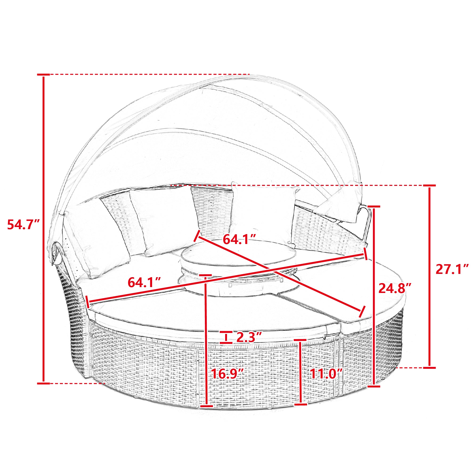 Oferta especial: Sofá cama redondo de ratán KD con dosel, cama con dosel Bali para exteriores, sofá cama de mimbre para exteriores con mesa de centro elevable.