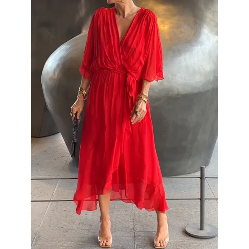 Vestido largo de verano con escote en V y mangas murciélago, color liso, con nudo irregular.
