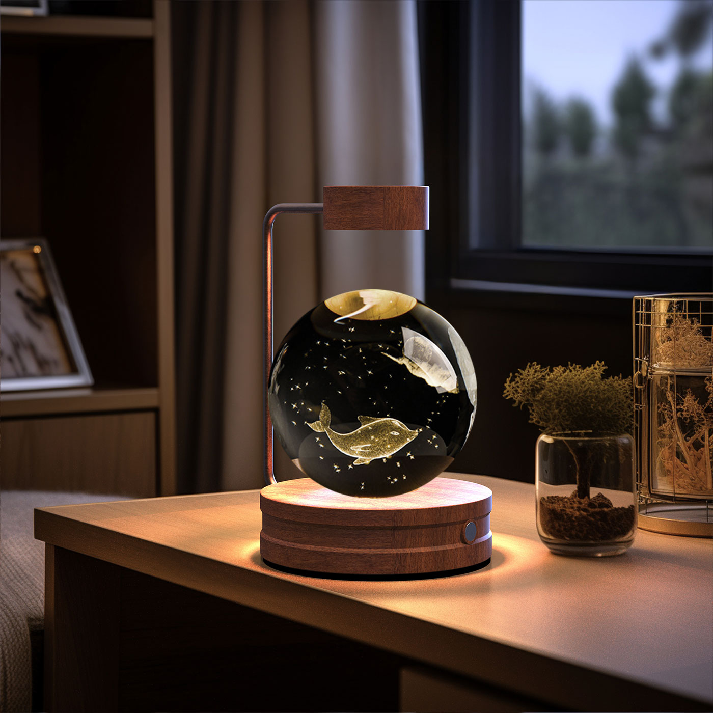 Lámpara de noche interior con forma de dinosaurio cósmico y bola de cristal, alimentación USB, luz cálida para mesita de noche, regalo de cumpleaños.