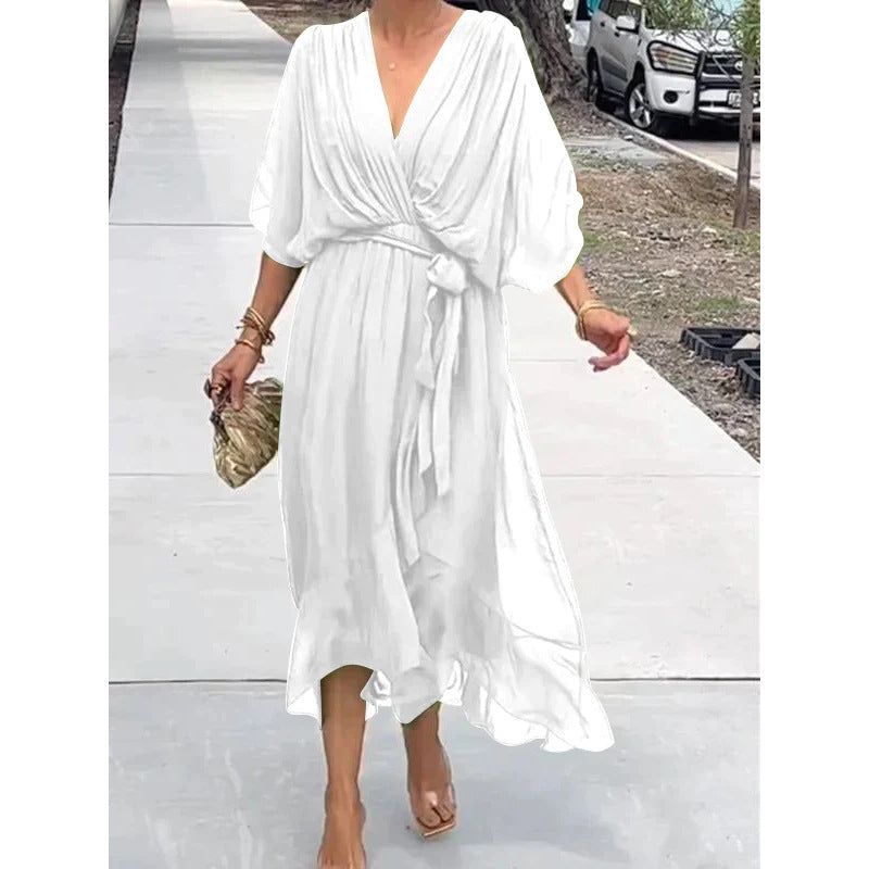 Vestido largo de verano con escote en V y mangas murciélago, color liso, con nudo irregular.