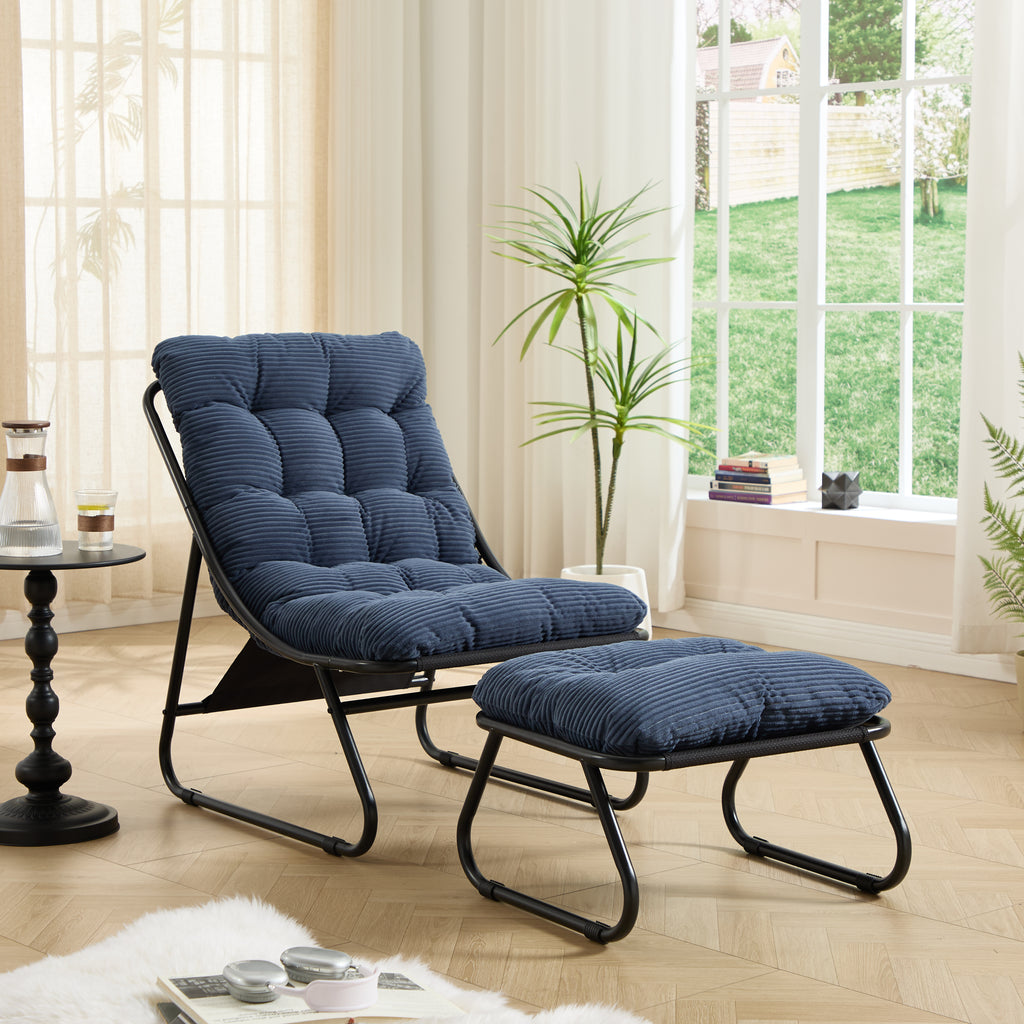 Sillón reclinable de exterior con otomana, cómodo sillón tipo hamaca con cojín mullido y reposapiés, ideal para sala de estar, dormitorio, sala de lectura, estructura negra con cojín azul marino.