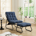 Sillón reclinable de exterior con otomana, cómodo sillón tipo hamaca con cojín mullido y reposapiés, ideal para sala de estar, dormitorio, sala de lectura, estructura negra con cojín azul marino.