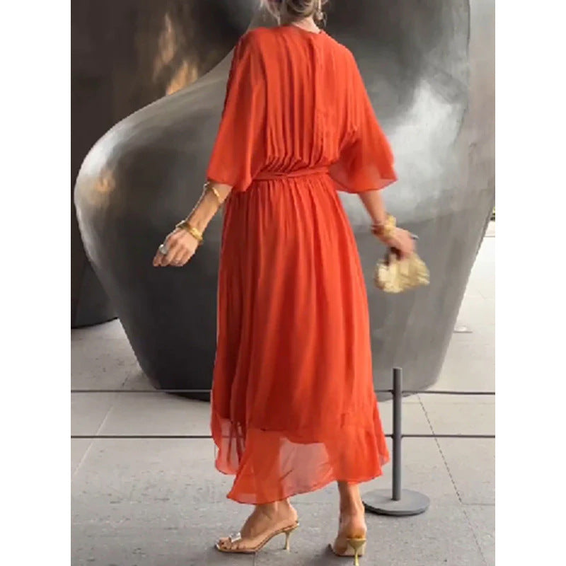 Vestido largo de verano con escote en V y mangas murciélago, color liso, con nudo irregular.