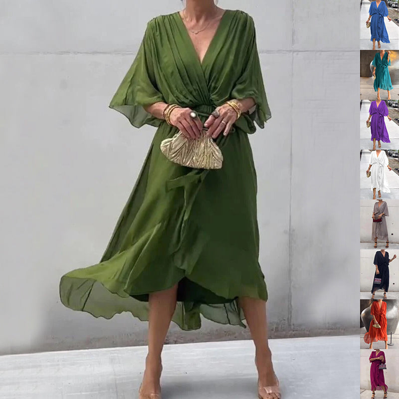 Vestido largo de verano con escote en V y mangas murciélago, color liso, con nudo irregular.