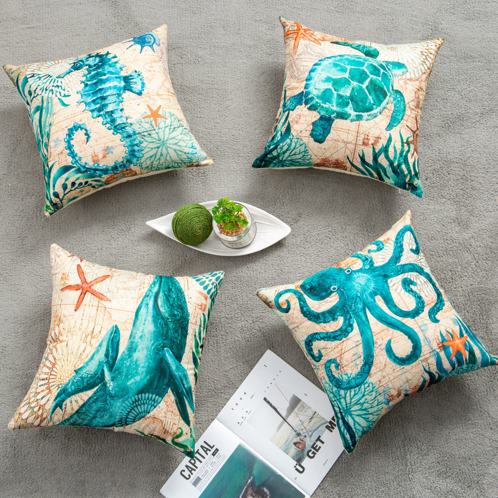 Fundas de cojín con estampado de tortugas marinas para la decoración del hogar, sofá o silla.